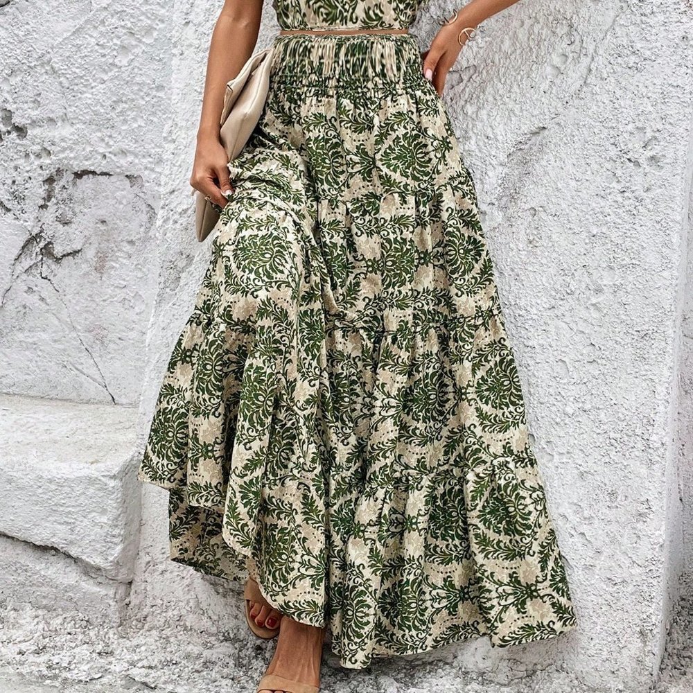 Green Casual Womens Allover Print Ruffle Trim Top & Skirt - Picture 3 of 4
